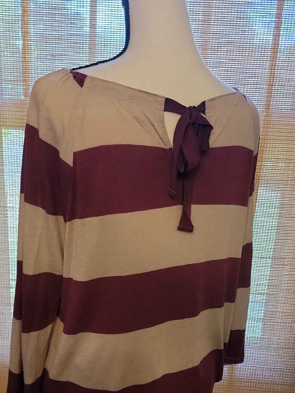 LOFT Striped Long-Sleeve Tie-Back Top - Dark Raspberry & Light Tan Linen Blend